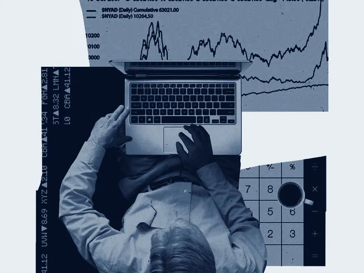 Collage de planillas, gráficos y una computadora